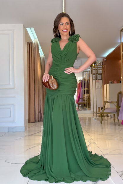 Gorgeous V-neck Sheath Chiffon Long Evening Dress Green Wedding Guest Dress DP05609