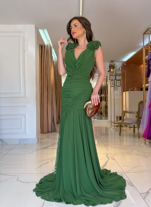 Gorgeous V-neck Sheath Chiffon Long Evening Dress Green Wedding Guest Dress DP05609