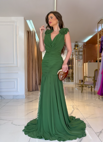 Gorgeous V-neck Sheath Chiffon Long Evening Dress Green Wedding Guest Dress DP05609
