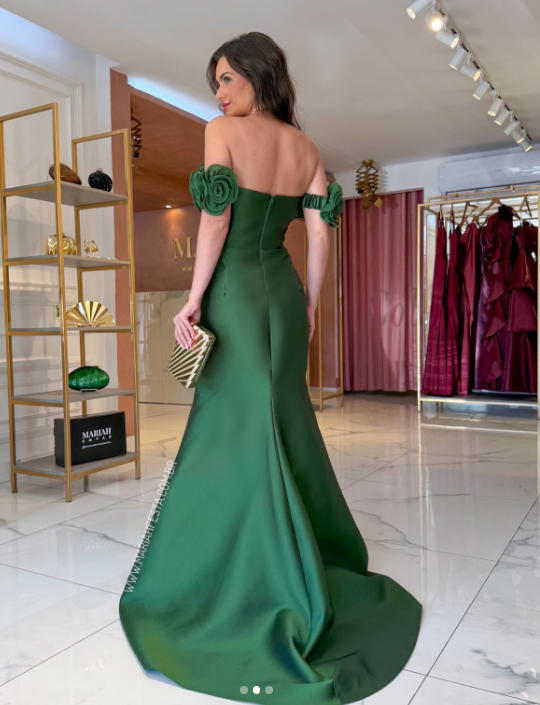 Gorgeous Off-shoulder Mermaid Satin Long Evening Dress Green Wedding Guest Dress DP05609