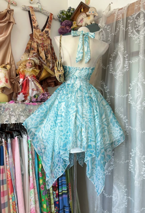 Chic Halter Birthday Dress A-line Chiffon Cocktail Dress Blue Graduation Party Dress DP05615