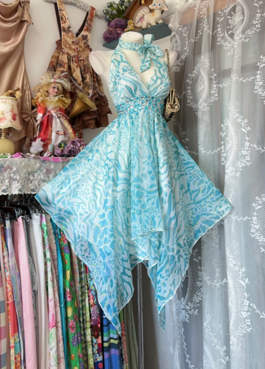 Chic Halter Birthday Dress A-line Chiffon Cocktail Dress Blue Graduation Party Dress DP05615