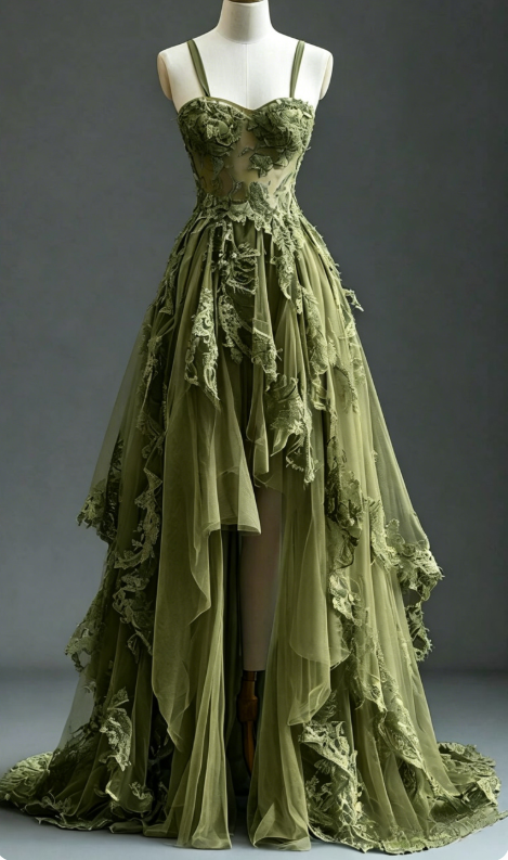 Chic Spaghetti Straps A-Line Tulle Applique Evening Dress Olive Green Prom Dress DP05622