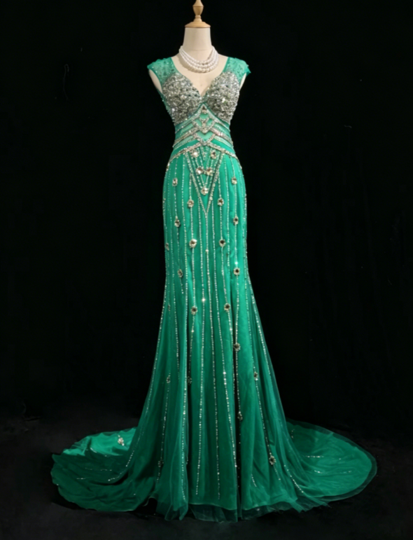 Gorgeous V-neck Sheath Chiffon Beaded Long Evening Dress Green Prom Dress DP05627