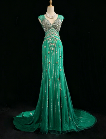 Gorgeous V-neck Sheath Chiffon Beaded Long Evening Dress Green Prom Dress DP05627