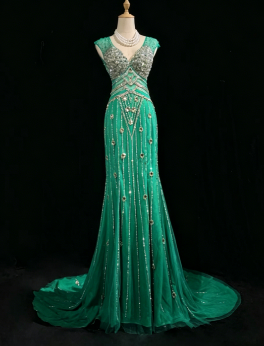 Gorgeous V-neck Sheath Chiffon Beaded Long Evening Dress Green Prom Dress DP05627