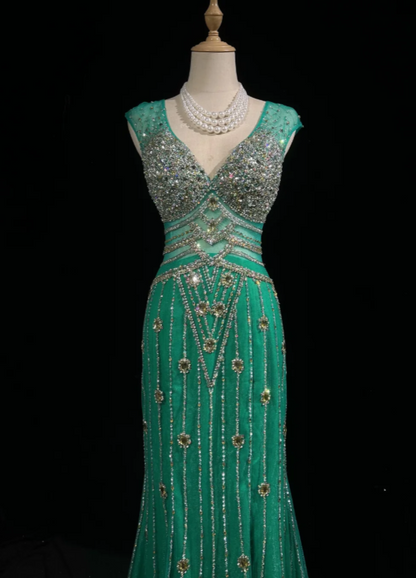 Gorgeous V-neck Sheath Chiffon Beaded Long Evening Dress Green Prom Dress DP05627