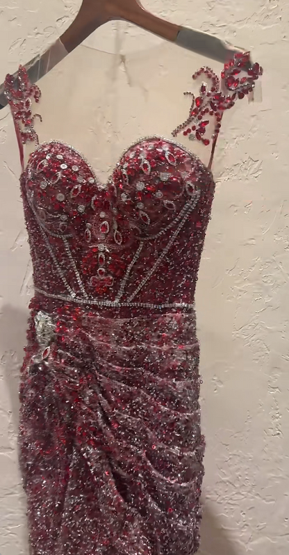 Superbe Robe de Soirée Longue Fourreau en Tulle Perlé à Bretelles, Robe de Bal Bourgogne DP05628