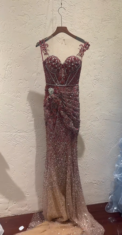 Superbe Robe de Soirée Longue Fourreau en Tulle Perlé à Bretelles, Robe de Bal Bourgogne DP05628