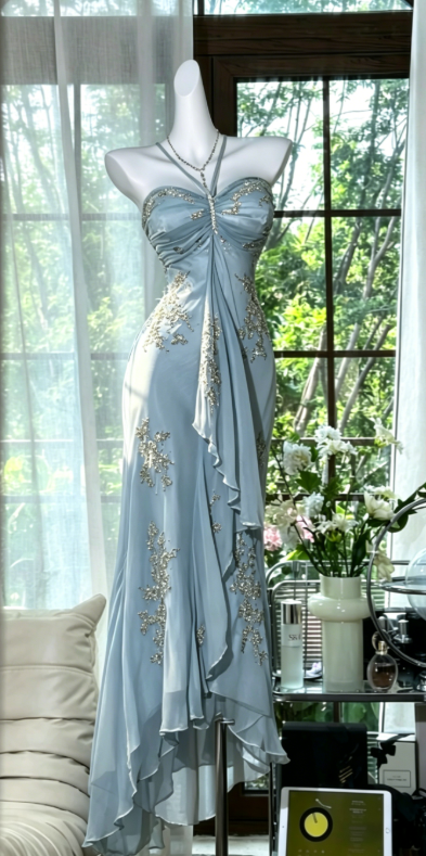 Chic Halter Sheath Chiffon Beaded Long Evening Dress Dusty Blue Prom Dress DP05631