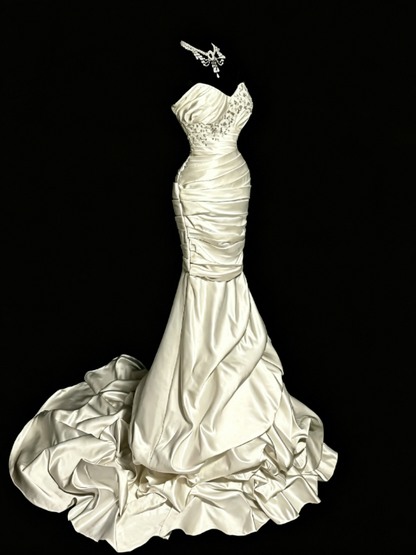 Chic Sweetheart Mermaid Satin Beaded Long Evening Dress White Prom Dress DP05632