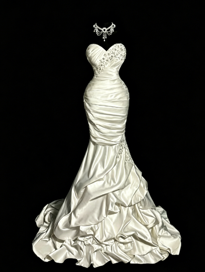 Chic Sweetheart Mermaid Satin Beaded Long Evening Dress White Prom Dress DP05632