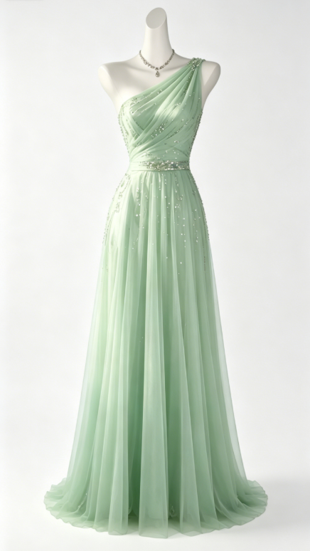 Élégante Robe Longue de Soirée Fourreau en Tulle Vert à Une Épaule, Robe de Bal DP05633