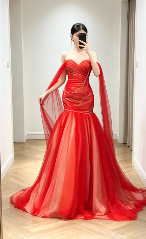 Elegant Off-shoulder Sheath Tulle Long Evening Dress Red Prom Dress DP05636