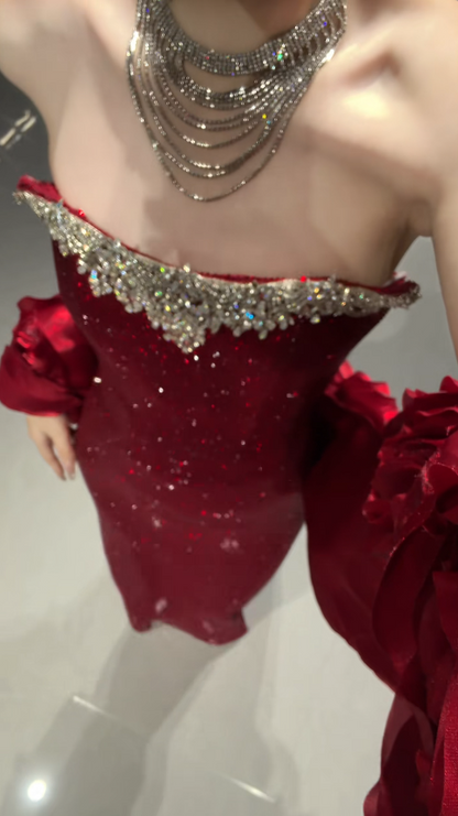 Elegant Off-shoulder Sheath Tulle Long Evening Dress Red Prom Dress DP05637