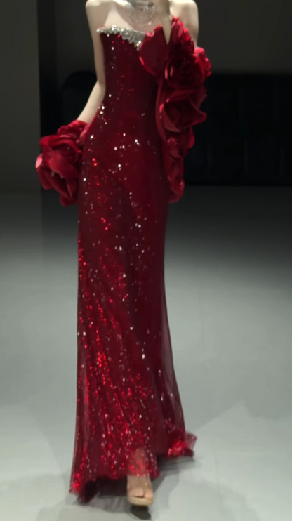 Elegant Off-shoulder Sheath Tulle Long Evening Dress Red Prom Dress DP05637