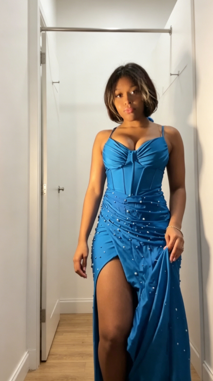 Elegant Spaghetti Straps Sheath Satin Long Evening Dress Blue Prom Dress DP05640