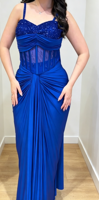 Élégante Robe de Soirée Longue en Satin Bleu Royal à Bretelles Fines Fourreau pour Bal de Promo DP05642