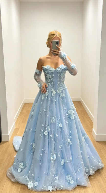 Gorgeous Sweetheart A-Line Tulle Applique Long Evening Dress Pale Blue Prom Dress DP05643
