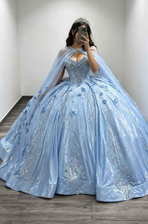 Gorgeous Sweetheart Ball Gown Quinceanera Dress Satin Applique Long Birthday Dress Pale Blue Sweet 16 Dress DP05644