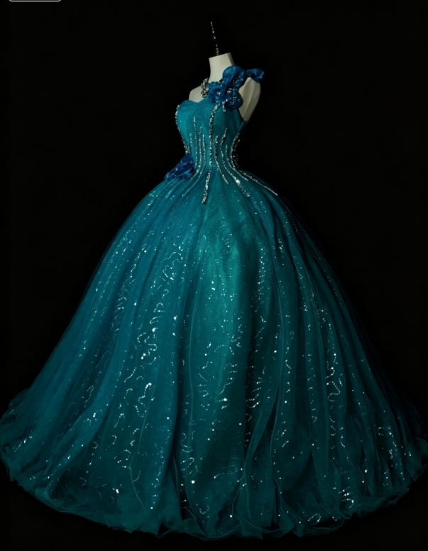 Gorgeous One-shoulder Ball Gown Quinceanera Dress Tulle Sequins Long Birthday Dress Blue Sweet 16 Dress DP05645