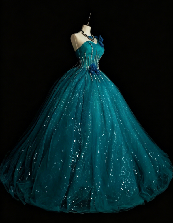 Gorgeous One-shoulder Ball Gown Quinceanera Dress Tulle Sequins Long Birthday Dress Blue Sweet 16 Dress DP05645
