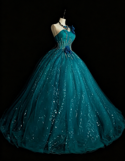 Gorgeous One-shoulder Ball Gown Quinceanera Dress Tulle Sequins Long Birthday Dress Blue Sweet 16 Dress DP05645