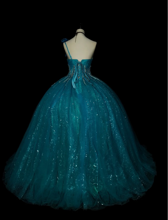 Gorgeous One-shoulder Ball Gown Quinceanera Dress Tulle Sequins Long Birthday Dress Blue Sweet 16 Dress DP05645