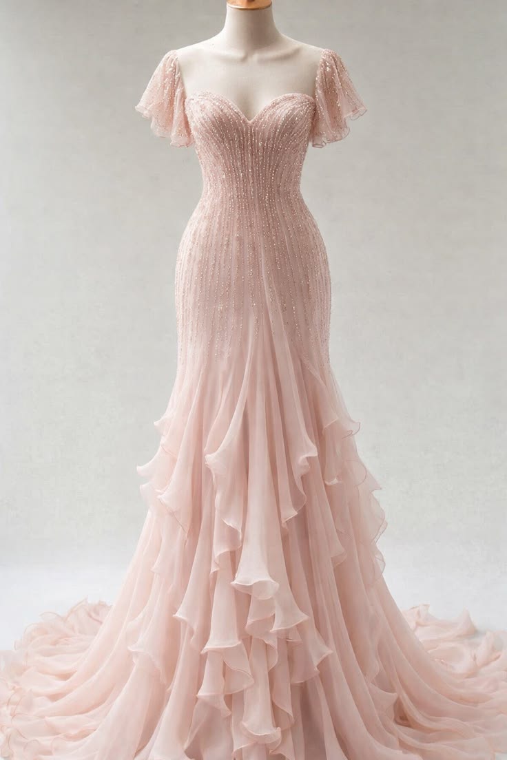 Elegantes pinkes langes Ballkleid Chiffon Perlen Etui Abendkleid DP05647
