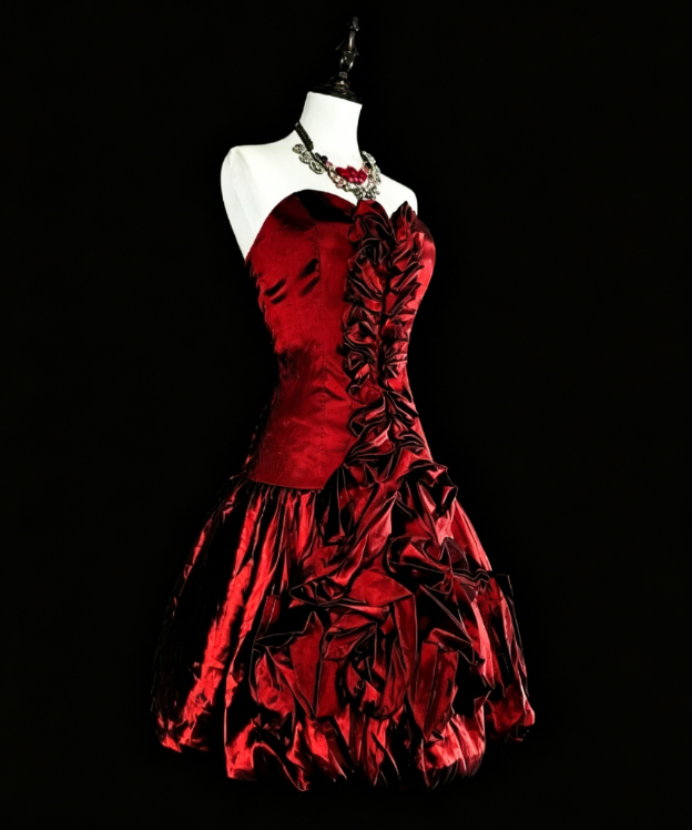 Mignonne Robe Courte de Bal A-ligne en Satin Sans Bretelles, Robe d'Anniversaire sans Manches, Robe de Cocktail Bourgogne DP05650