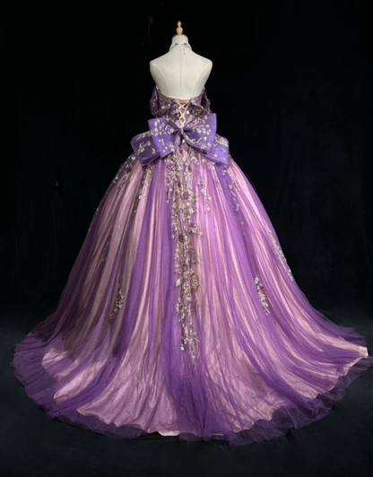 Gorgeous Off-shoulder A-Line Quinceanera Dress Tulle Applique Long Purple Sweet 16 Dress  DP05651
