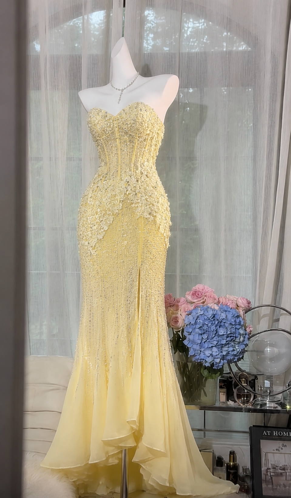 Gorgeous Sweetheart Sheath Chiffon Beaded Long Evening Dress Yellow Prom Dress DP05659
