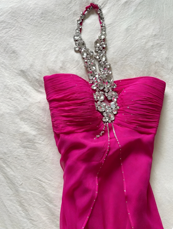 Gorgeous Halter Sheath Chiffon Long Evening Dress Hot Pink Prom Dress DP05662