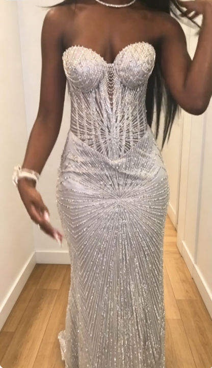 Gorgeous Sweetheart Sheath Satin Long Evening Dress Silver Prom Dress DP05665