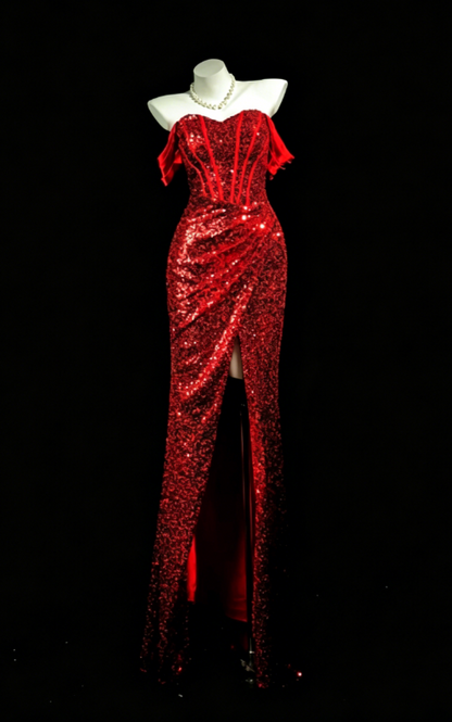 Gorgeous Off-shoulder Sheath Sequins Long Evening Dress Burgundy Prom Dress DP05666