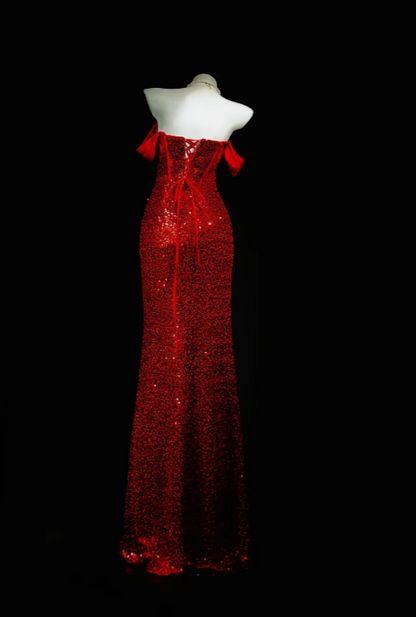 Gorgeous Off-shoulder Sheath Sequins Long Evening Dress Burgundy Prom Dress DP05666
