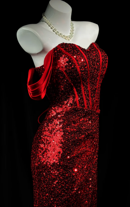 Gorgeous Off-shoulder Sheath Sequins Long Evening Dress Burgundy Prom Dress DP05666