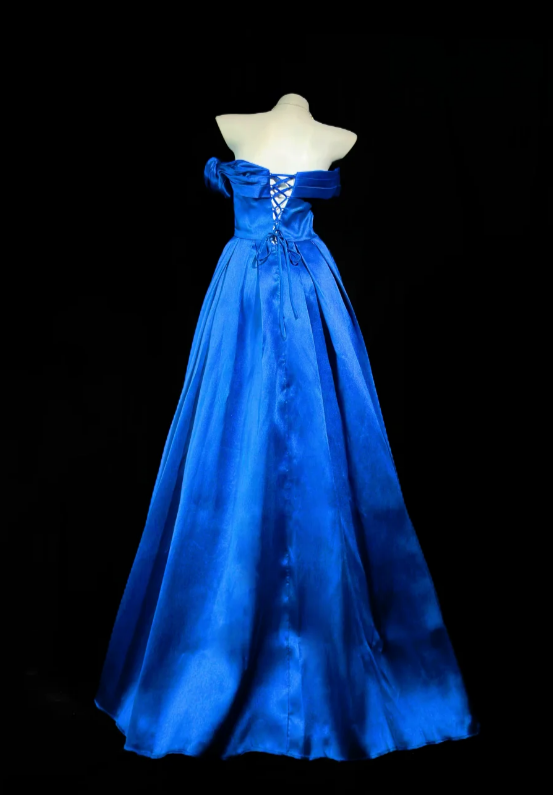 Wunderschönes trägerloses A-Linien-Abendkleid aus Satin, blaues Ballkleid DP05667