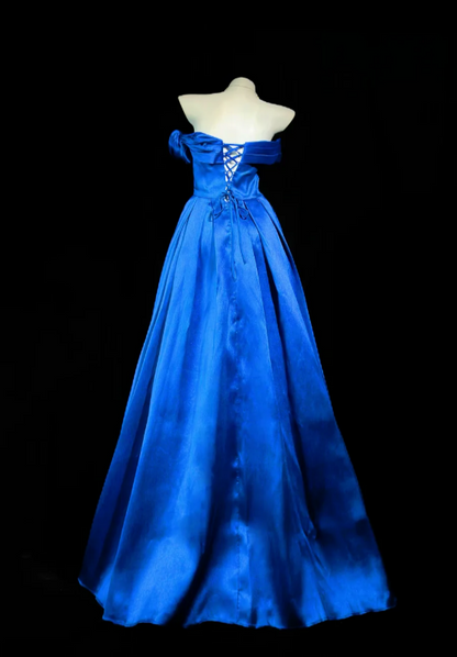 Wunderschönes trägerloses A-Linien-Abendkleid aus Satin, blaues Ballkleid DP05667