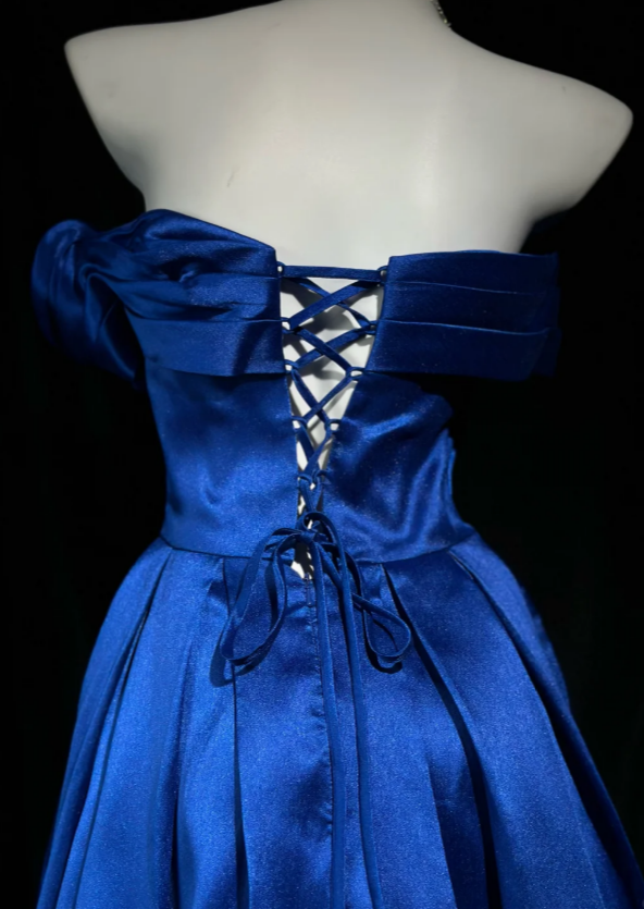 Wunderschönes trägerloses A-Linien-Abendkleid aus Satin, blaues Ballkleid DP05667