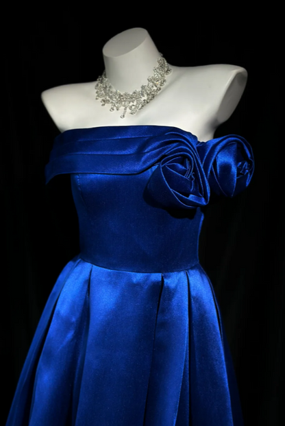 Wunderschönes trägerloses A-Linien-Abendkleid aus Satin, blaues Ballkleid DP05667