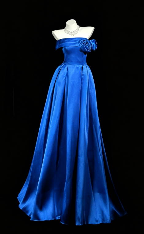 Wunderschönes trägerloses A-Linien-Abendkleid aus Satin, blaues Ballkleid DP05667