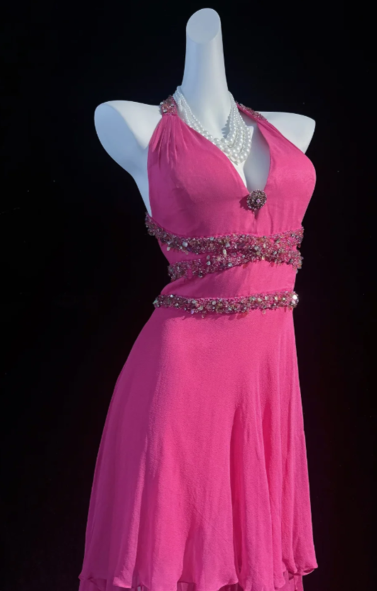 Chic Halter Sheath Chiffon Long Evening Dress Pink Prom Dress DP05670