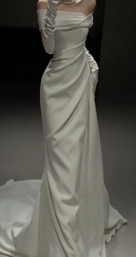 Timeless Off-shoulder Sheath Wedding Dress Satin Bridal Dress White Bridal Gown DP05671