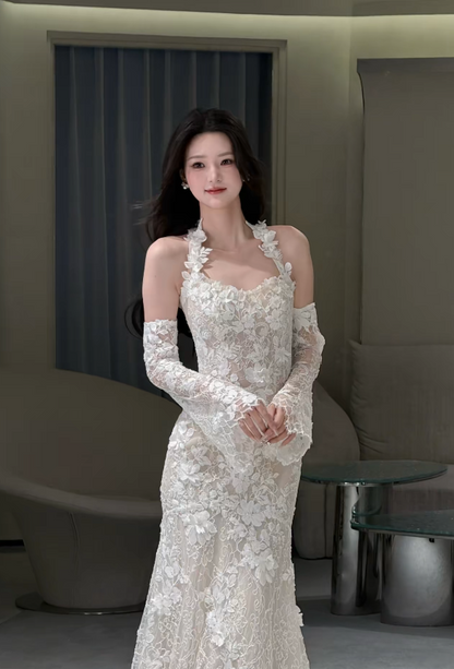 Timeless Halter Mermaid Wedding Dress Lace Applique Bridal Dress White Bridal Gown DP05671
