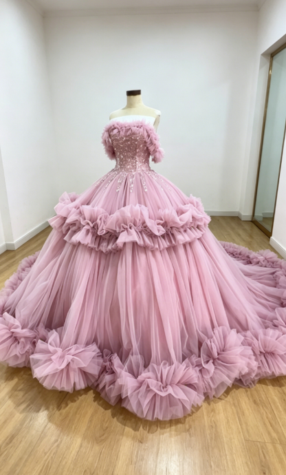 Gorgeous Off-shoulder Ball Gown Quinceanera Dress Tulle Appliqus Long Birthday Dress Pink Sweet 16 Dress DP05675