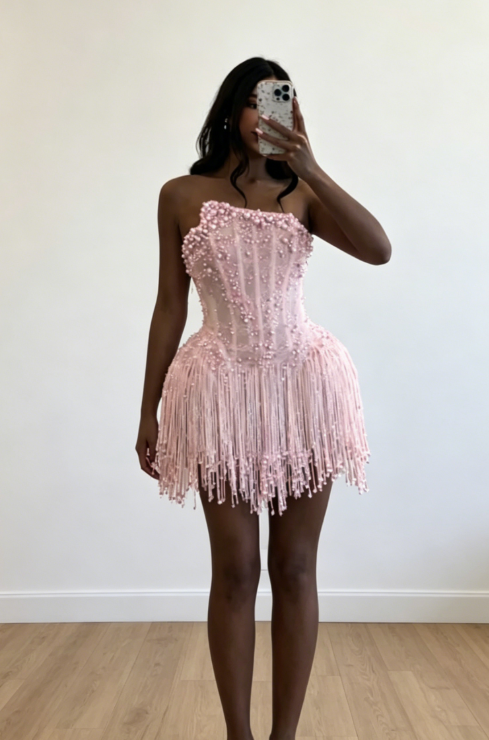 Sexy Pink Birthday Dress Strapless Party Dress Sheath Beaded Tulle Cocktail Dress DP05682