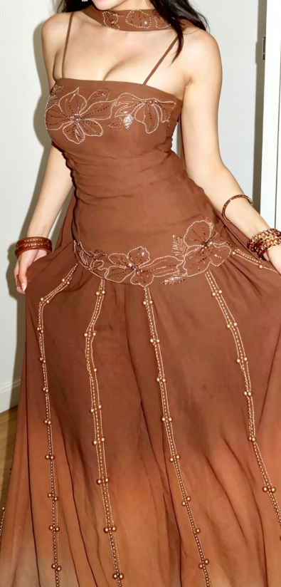 Simple Spaghetti Straps Sheath Beaded Chiffon Long Evening Dress Brown Prom Dress DP05688