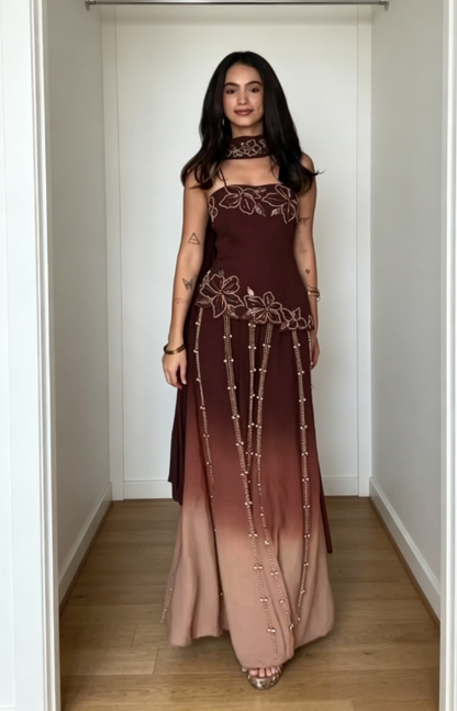 Simple Spaghetti Straps Sheath Beaded Chiffon Long Evening Dress Brown Prom Dress DP05688