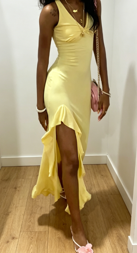 Sexy gelbes Hochzeitsgastkleid Neckholder Etui-Chiffon langes Abendkleid DP05693